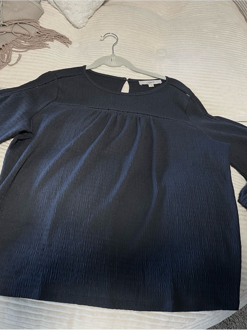 LOFT Navy Textured Long Sleeve Blouse
